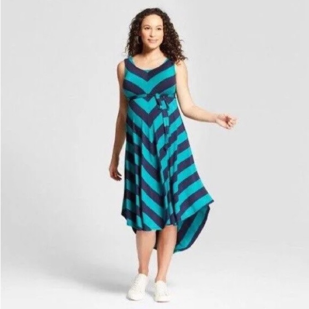 Isabel Maternity Medium green/navy high low strip dress